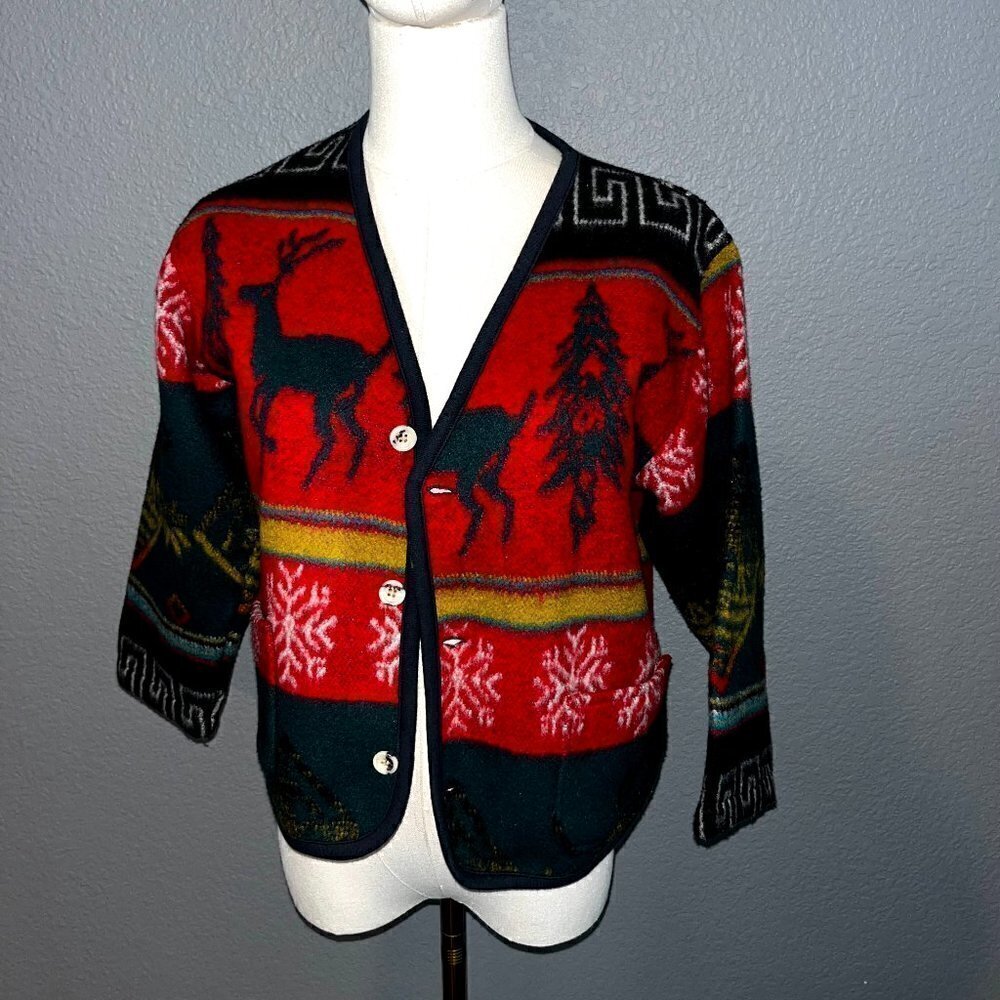 Vintage BUGI Wool Nordic Reindeer Christmas Holiday Winter Jacket - EUC - Size 4